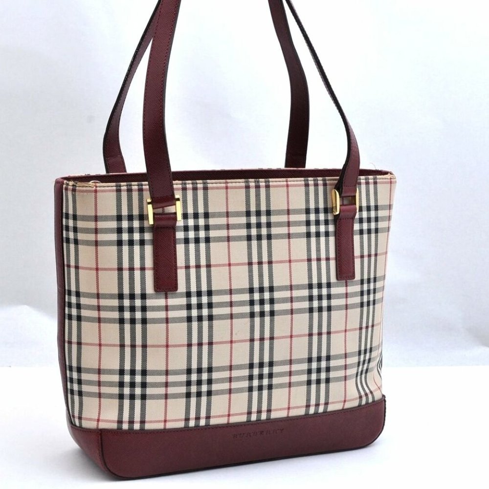 Burberrys Nova Check Canvas Hand Bag Beige Red